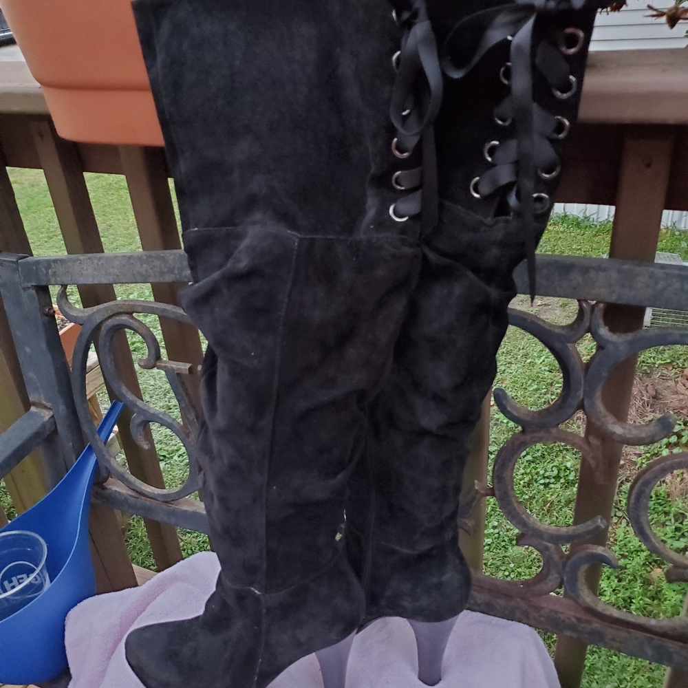 Black Suede Over the Knee Boots Size 6.5 with Lace Up Back Detail